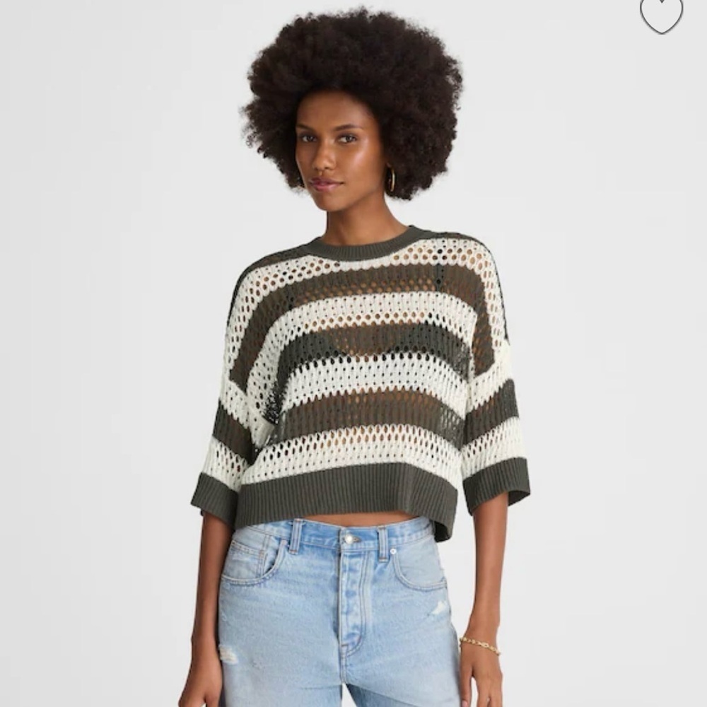Madewell Relaxed Open Stitch White & Gray Striped Sweater Tee medium